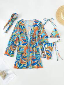 BamGleam Bathing Suits Women Summer Beach Allover Print Halter Triangle Bikini Set With Kimono - Multicolor - View 7