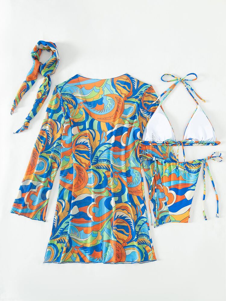 BamGleam Conjunto de bikini de triángulo con estampado integral y kimono para mujer, para verano y playa - Multicolor - Añade 2