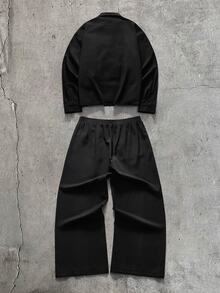 AXEPEAK Men's Solid Color Long Sleeve Button Front Shirt And Elastic Waist Pants Set - Black - View 2