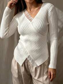 Nubod Women's French Style Atmosphere Cross V-Neck Ribbed Sweater With Lace Trim Patchwork, Asymmetrical Loose Fit, Slimming Long Sleeve Knit Pullover, Plus Size - Apricot - View 6