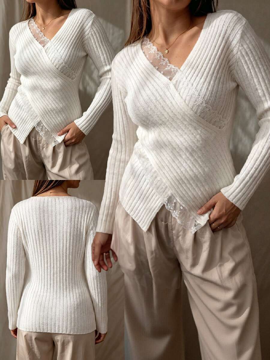 Nubod Women's French Style Atmosphere Cross V-Neck Ribbed Sweater With Lace Trim Patchwork, Asymmetrical Loose Fit, Slimming Long Sleeve Knit Pullover, Plus Size - Apricot - View 1