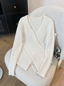 Nubod Women's French Style Atmosphere Cross V-Neck Ribbed Sweater With Lace Trim Patchwork, Asymmetrical Loose Fit, Slimming Long Sleeve Knit Pullover, Plus Size - Apricot - View 7