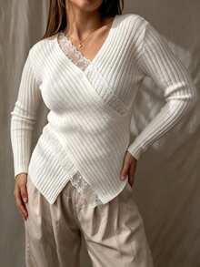Nubod Women's French Style Atmosphere Cross V-Neck Ribbed Sweater With Lace Trim Patchwork, Asymmetrical Loose Fit, Slimming Long Sleeve Knit Pullover, Plus Size - Apricot - View 5