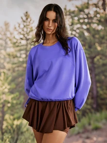 Exploreva Women's Fashion Long Sleeve Drawstring Tie Round Neck Top - Purple - View 6