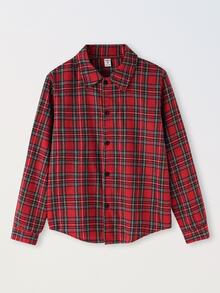 SHEIN 青少年男孩格紋鈕扣襯衫，經典蘇格蘭格長袖領口上衣，學院風校園休閒聖誕節慶上衣 - 紅色 - 查看 9