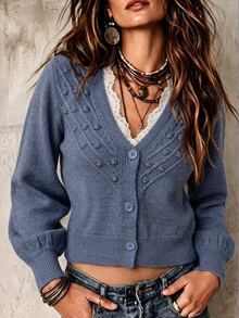 Breezaya Women's Lace Patchwork Single-Breasted Knit Cardigan Brunch Dusty Blue Fall Casual Boho - Blue - View 1