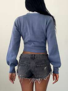 Breezaya Women's Lace Patchwork Single-Breasted Knit Cardigan Brunch Dusty Blue Fall Casual Boho - Blue - View 2