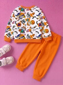 Nick 90s | SHEIN 男嬰萬聖節士兵 Chuckie 印花 2 件套，南瓜蝙蝠圖案長袖圓領衛衣 + 彈性腰帶焦橙色長褲 白色 - 橘色 - 查看 2