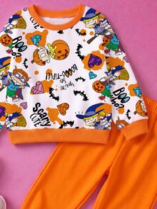 Nick 90s | SHEIN 男嬰萬聖節士兵 Chuckie 印花 2 件套，南瓜蝙蝠圖案長袖圓領衛衣 + 彈性腰帶焦橙色長褲 白色 - 橘色 - 查看 4