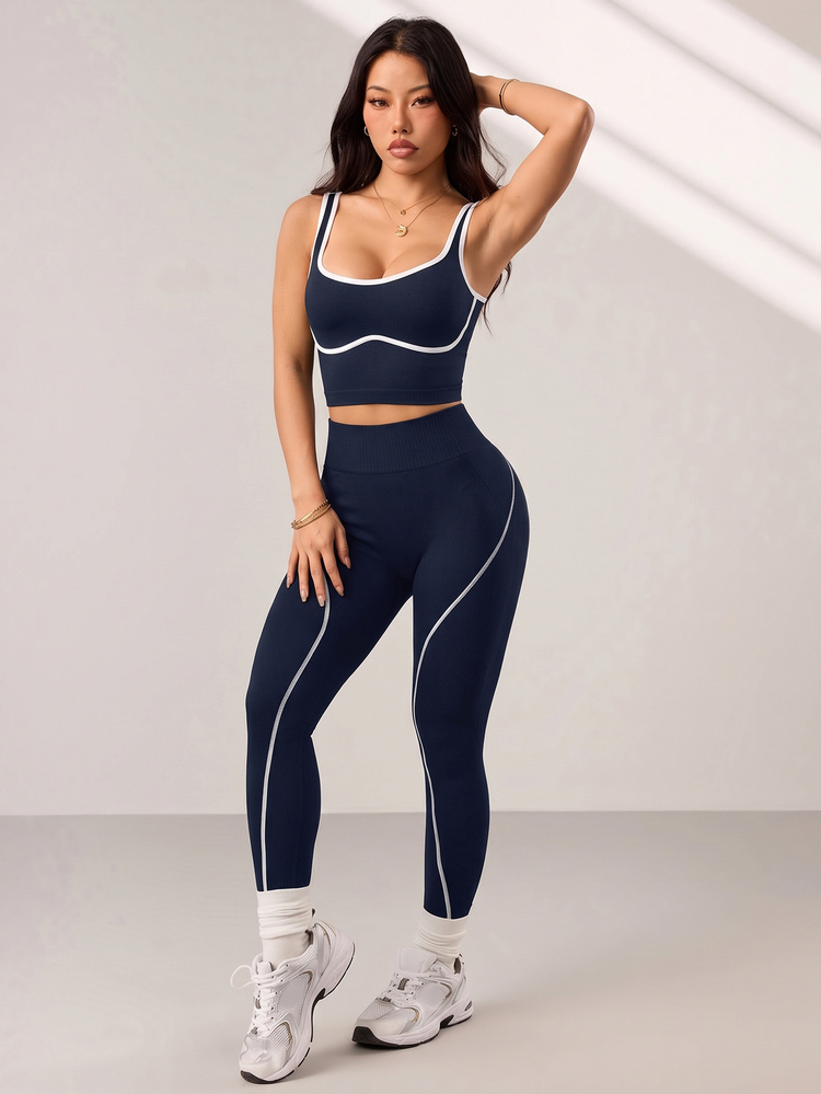 Dewbera Dewbera 2pcs Sports Set, Seamless Tight Yoga Fitness Tank Top, High Waist Colorblock Workout Running Leggings - Flint Stone - View 3
