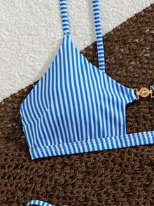 SHEIN Swim 女士夏季海灘性感度假金屬飾品細肩帶丁字褲性感比基尼套裝 - 彩色 - 查看 3