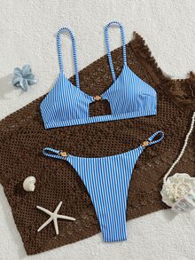SHEIN Swim 女士夏季海灘性感度假金屬飾品細肩帶丁字褲性感比基尼套裝 - 彩色 - 查看 6