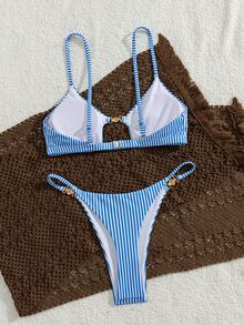 SHEIN Swim 女士夏季海灘性感度假金屬飾品細肩帶丁字褲性感比基尼套裝 - 彩色 - 查看 2