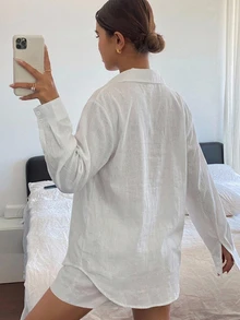 DAZY Solid Color Casual Versatile Spring/Summer Loose Long Sleeve Lapel Pocket Women's Shirt - White - View 2