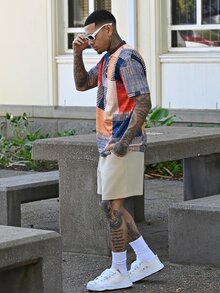 Devon Thys 男士格子数字3D印花撞色亨利领T恤，户外休闲运动款 - 彩色 - 查看 3
