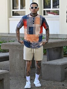 Devon Thys 男士格子数字3D印花撞色亨利领T恤，户外休闲运动款 - 彩色 - 查看 1