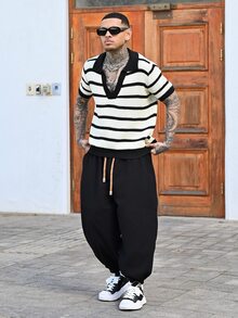 Devon Thys 2026 New Street Style Harem Pants For Men, Black Drawstring Loose Tapered Leg Casual Lantern Pants - Black - View 2