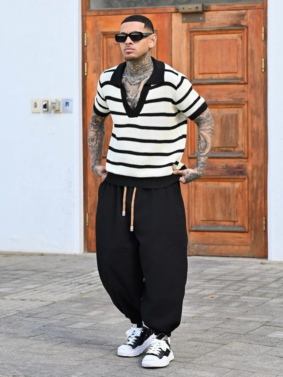 Devon Thys 2026 New Street Style Harem Pants For Men, Black Drawstring Loose Tapered Leg Casual Lantern Pants