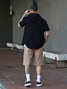 Devon Thys 男士亚麻短袖衬衫，纯色连帽纽扣开衫，宽松男士T恤，2025男士轻薄透气上衣，送给男朋友的礼物，连帽衫 - 黑色 - 查看 5