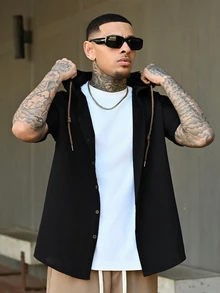 Devon Thys 男士亚麻短袖衬衫，纯色连帽纽扣开衫，宽松男士T恤，2025男士轻薄透气上衣，送给男朋友的礼物，连帽衫 - 黑色 - 查看 1