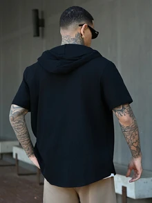 Devon Thys 男士亚麻短袖衬衫，纯色连帽纽扣开衫，宽松男士T恤，2025男士轻薄透气上衣，送给男朋友的礼物，连帽衫 - 黑色 - 查看 2