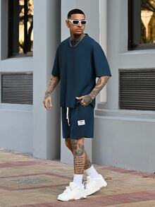 Devon Thys 2pcs Men's Summer Solid Color Crew Neck Short Sleeve Casual T-Shirt And Drawstring Waist Shorts Set, Cozy Outfits - Navy Blue - View 3