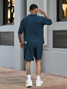 Devon Thys 2pcs Men's Summer Solid Color Crew Neck Short Sleeve Casual T-Shirt And Drawstring Waist Shorts Set, Cozy Outfits - Navy Blue - View 4