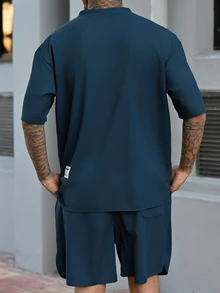 Devon Thys 2pcs Men's Summer Solid Color Crew Neck Short Sleeve Casual T-Shirt And Drawstring Waist Shorts Set, Cozy Outfits - Navy Blue - View 2