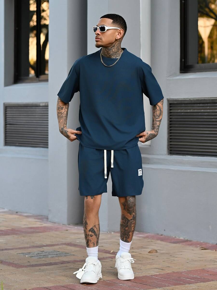 Devon Thys 2pcs Men's Summer Solid Color Crew Neck Short Sleeve Casual T-Shirt And Drawstring Waist Shorts Set, Cozy Outfits - Navy Blue - View 1