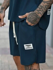 Devon Thys 2pcs Men's Summer Solid Color Crew Neck Short Sleeve Casual T-Shirt And Drawstring Waist Shorts Set, Cozy Outfits - Navy Blue - View 5