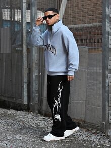 Devon Thys 男士休闲时尚百搭字母印花拉链领卫衣，秋冬款 - 灰色 - 查看 4