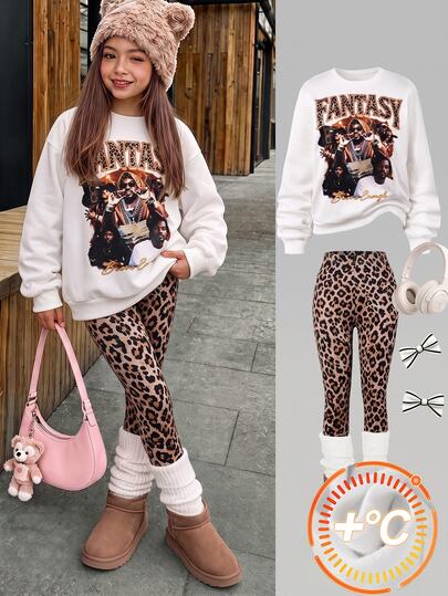 Girls' 2 Pieces Sweatshirt And Leopard Print Pants Set, White Crew Neck Sweatshirt, Leopard Print Flared Pants, Bold And Eye-Catching Style, Perfect For Daily Wear And Outings, Easily Create An American Vintage Spicy Girl Look