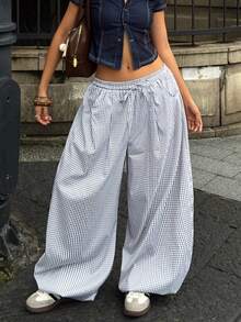 Coolane Pantalones holgados de cintura baja tipo bloomer con puños para mujer, estilo streetwear casual de verano, para vacaciones, uso diario y deporte, con gráficos vintage y estampado de cuadros - Blanco y Negro - Ver 3