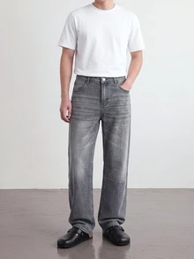 QuarKem Men's Washed Grey Denim Jeans Casual Versatile Slim Fit Long Pants - Grey - View 5