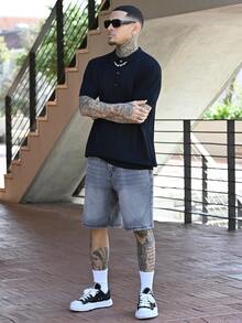 Devon Thys ALTZTAR 男士罗纹短袖 Polo 领针织衫，适合日常穿着、户外活动和通勤。 - 黑色 - 查看 3