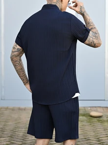 Devon Thys 男士春夏 3 扣亨利领短袖衬衫和抽绳短裤纯色提花休闲度假 2 件套 - 寶藍色 - 查看 5