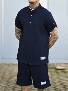 Devon Thys 男士春夏 3 扣亨利领短袖衬衫和抽绳短裤纯色提花休闲度假 2 件套 - 寶藍色 - 查看 4