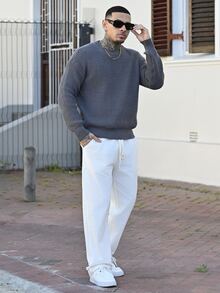 Devon Thys 男士基础款纯色休闲宽松轻薄涤纶珠地针织落肩圆领套头毛衣，灰色 - 灰色 - 查看 3