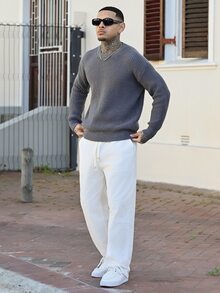 Devon Thys 男士基础款纯色休闲宽松轻薄涤纶珠地针织落肩圆领套头毛衣，灰色 - 灰色 - 查看 4
