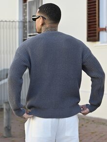 Devon Thys 男士基础款纯色休闲宽松轻薄涤纶珠地针织落肩圆领套头毛衣，灰色 - 灰色 - 查看 2
