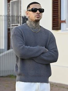 Devon Thys 男士基础款纯色休闲宽松轻薄涤纶珠地针织落肩圆领套头毛衣，灰色 - 灰色 - 查看 1