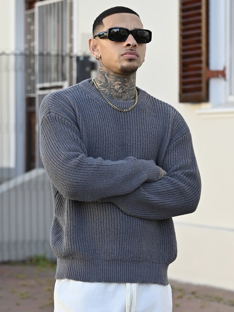 Devon Thys 男士基础款纯色休闲宽松轻薄涤纶珠地针织落肩圆领套头毛衣,灰色 - 灰色 - 查看 1