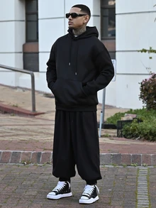 Devon Thys 男士休闲百搭玫瑰印花袋鼠口袋抽绳连帽衫，秋冬款 - 黑色 - 查看 3