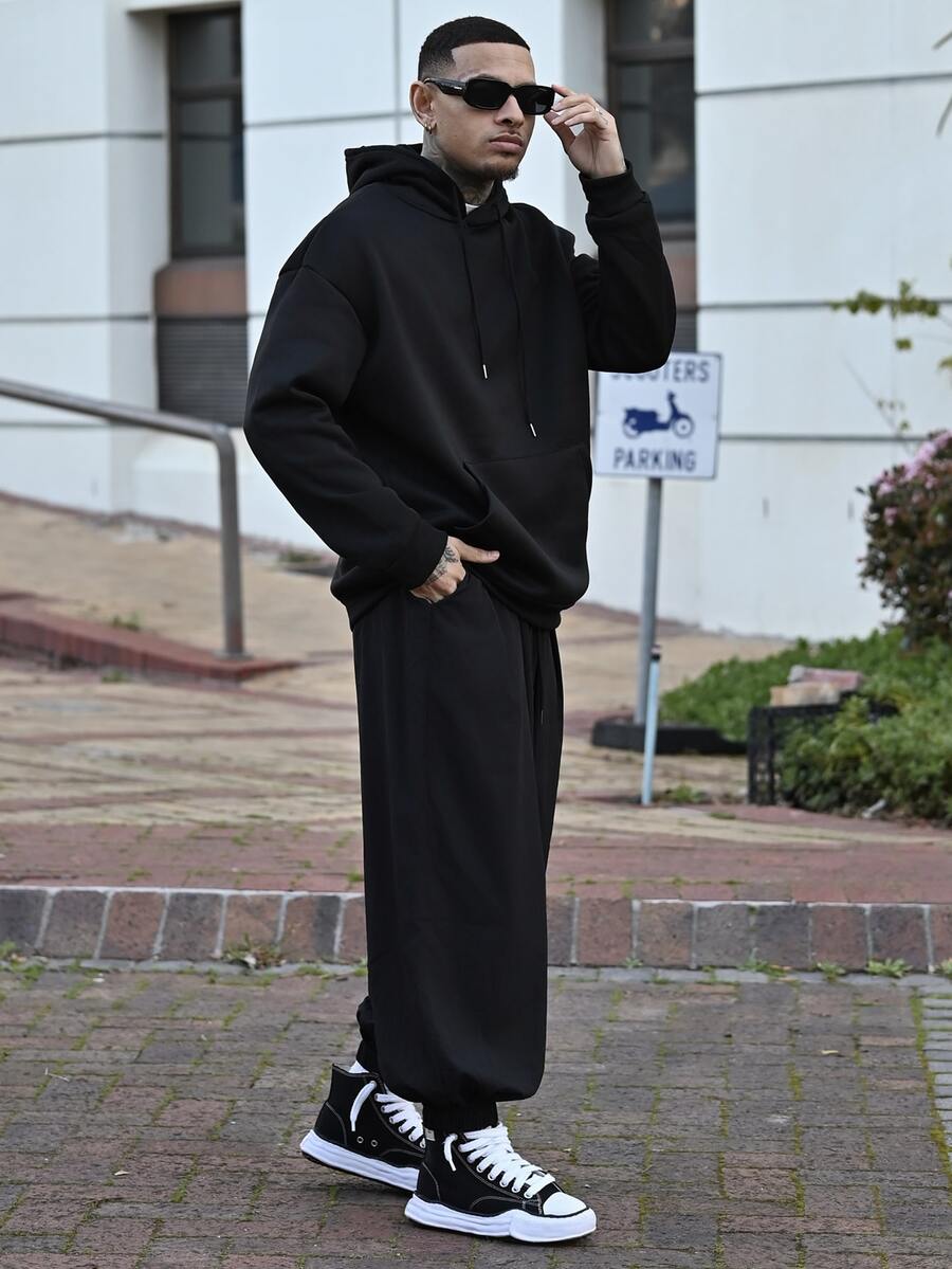 Devon Thys 男士休闲百搭玫瑰印花袋鼠口袋抽绳连帽衫,秋冬款 - 黑色 - 查看 1