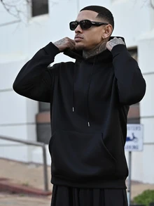 Devon Thys 男士休闲百搭玫瑰印花袋鼠口袋抽绳连帽衫，秋冬款 - 黑色 - 查看 4