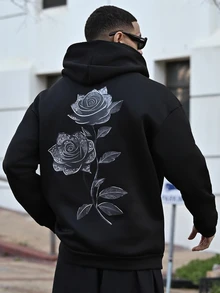 Devon Thys 男士休闲百搭玫瑰印花袋鼠口袋抽绳连帽衫，秋冬款 - 黑色 - 查看 5