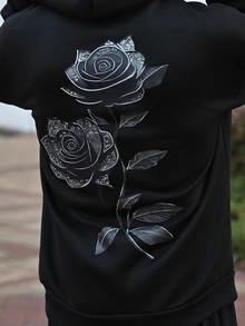 Devon Thys 男士休闲百搭玫瑰印花袋鼠口袋抽绳连帽衫，秋冬款 - 黑色 - 查看 6