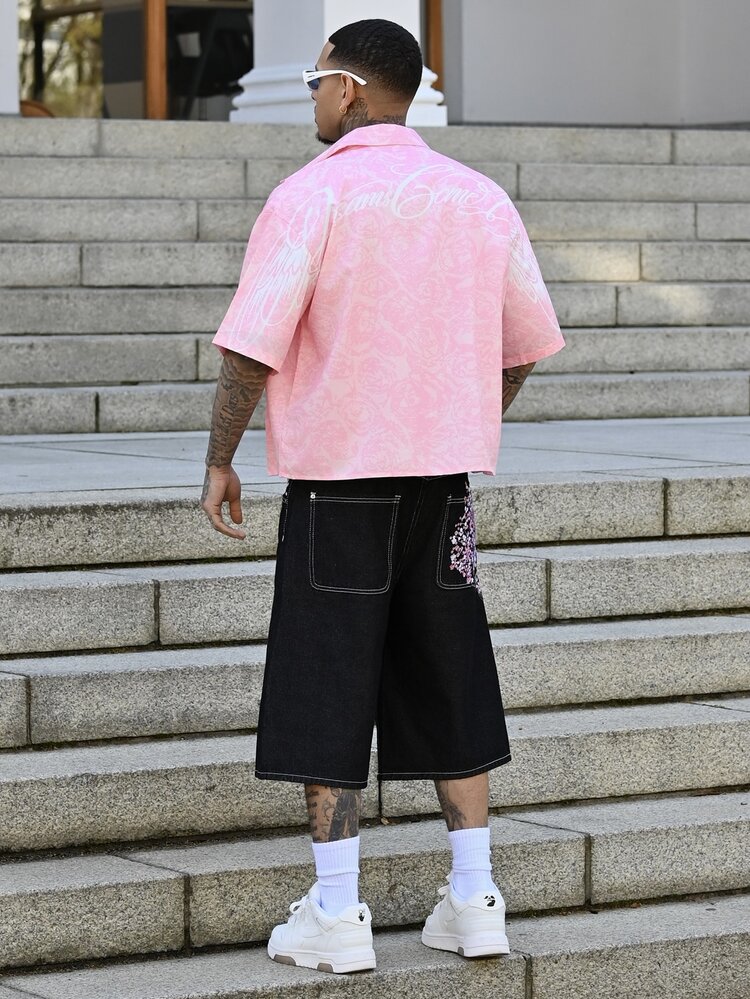 Devon Thys 男款六分短褲復古櫻花刺繡寬鬆寬腿牛仔褲，後方附假口袋 - 黑色 - 查看 3
