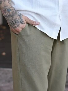 Devon Thys 男士休闲纯色口袋抽绳宽松亚麻裤，舒适百搭，适合春、夏、秋、冬四季穿着。 - 軍綠色 - 查看 7