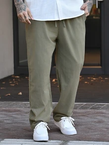 Devon Thys 男士休闲纯色口袋抽绳宽松亚麻裤，舒适百搭，适合春、夏、秋、冬四季穿着。 - 軍綠色 - 查看 6